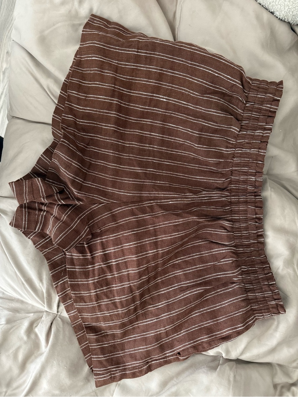 Reformation Mila Linen Rust Brown Striped Smocked-Waist Short